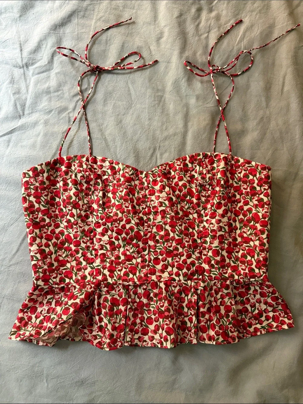 J Crew Cherry-Print Tie-Strap Peplum Top